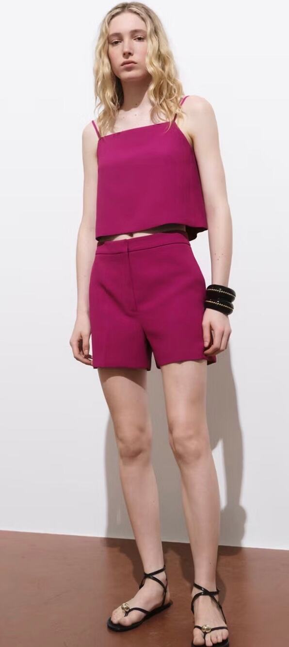 MANGO Straight Leg High Rise Shorts & Cropped Top Set Fuchsia Women's 8 L New